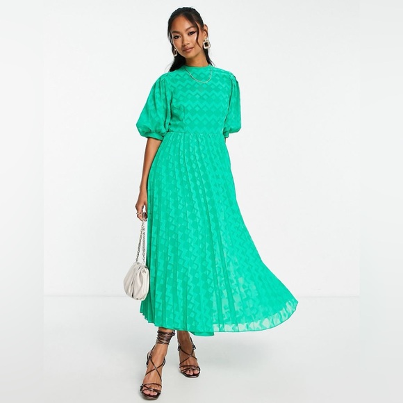 ASOS Dresses & Skirts - NWT. ASOS. high neck pleated chevron dobby dress with puff sleeve. Green. 12.